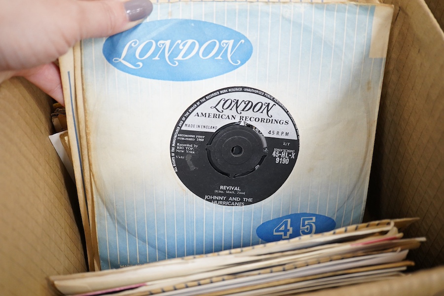 Four boxes of 7 inch singles, all on the London label, artists include; Johnny and the Hurricanes, Fats Domino, Duane Eddy, Paul Evans, Sandy Nelson, Bobby Vee, Ray Peterson, Carole King, Ricky Nelson, the Everly Brother